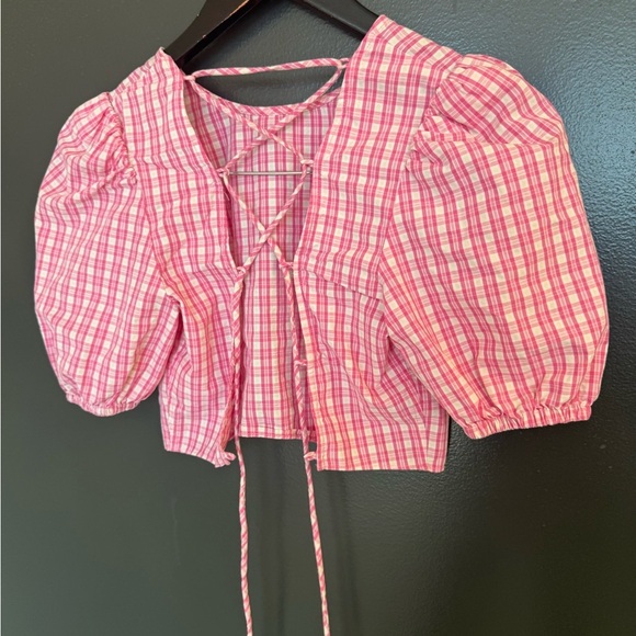 Sunday S EUC gingham Pink Plaid Puff Sleeve Top with lace up back (Aritzia) - Picture 5 of 12